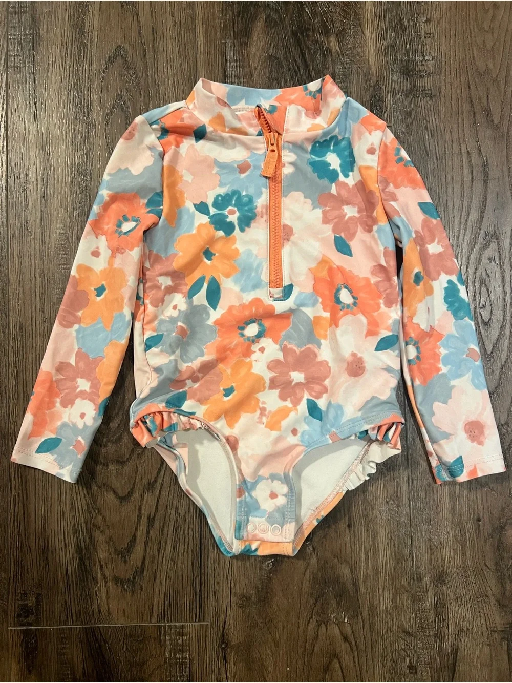 Long-Sleeve Floral One-Piece Swimsuit in Peach, Coral & Blue